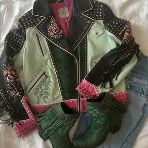 NWT Double D Ranch Saw Horse Leather Fringe Biker Jacket